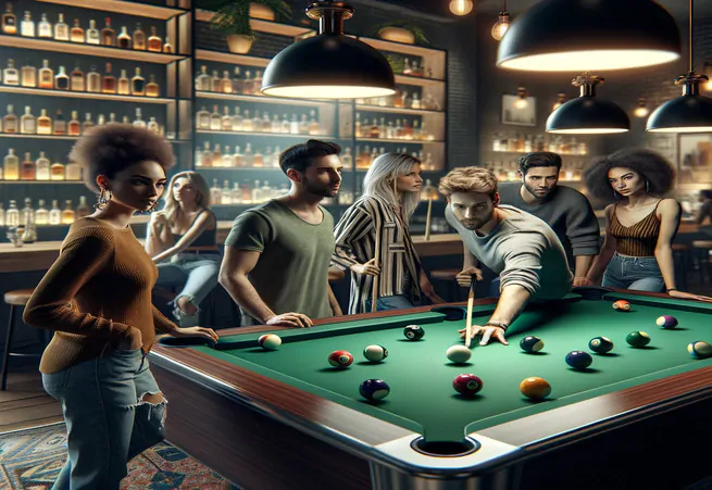 Clientes disfrutando en un bar con billar